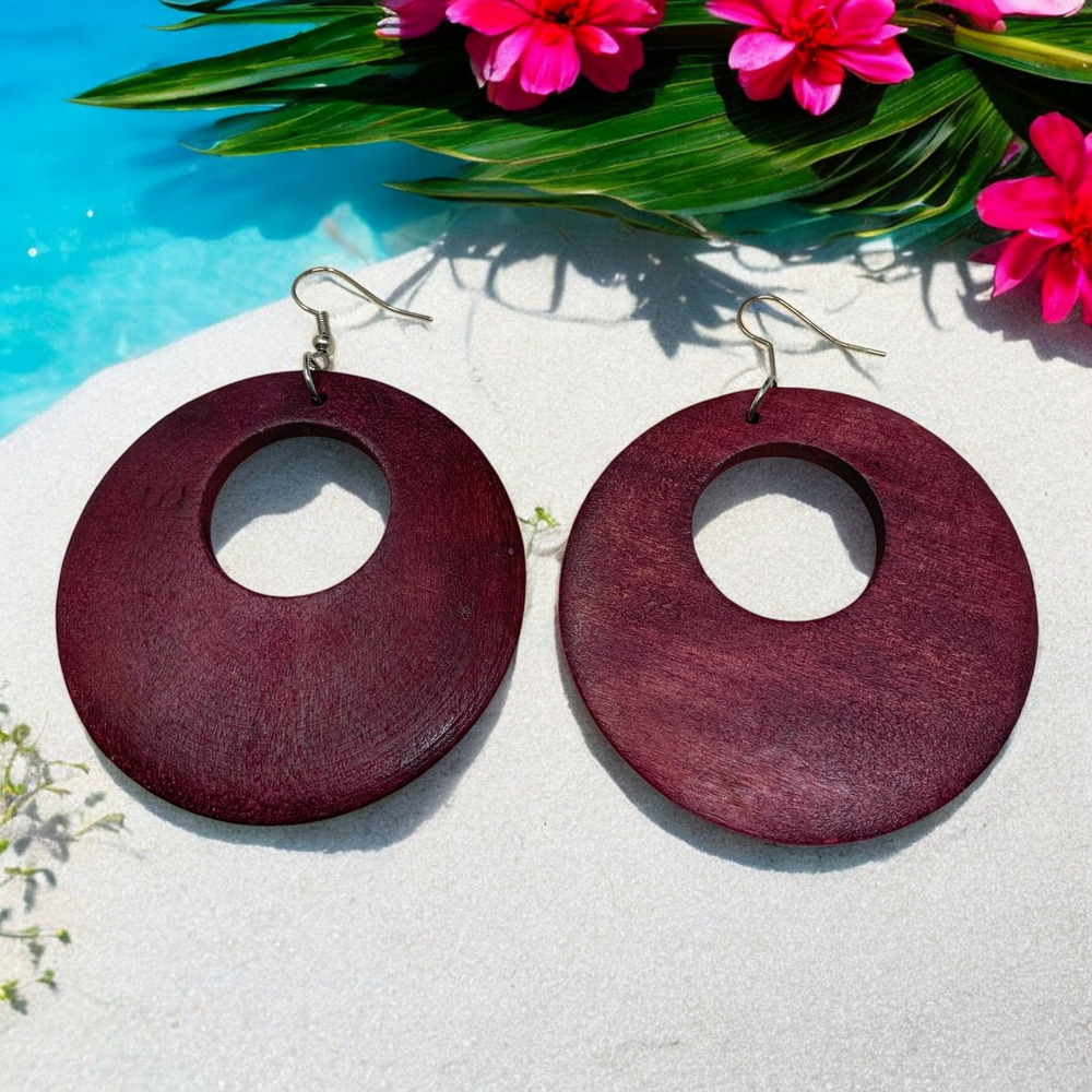 Vintage 1980's Dyed Balsa Wood Oversized Pierced Dangle Earrings Beachy Cruise